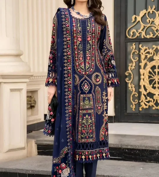 MB965 Unstitched Embroidered Dhanak Wool Suit With Embroidered Dhanak Shawl