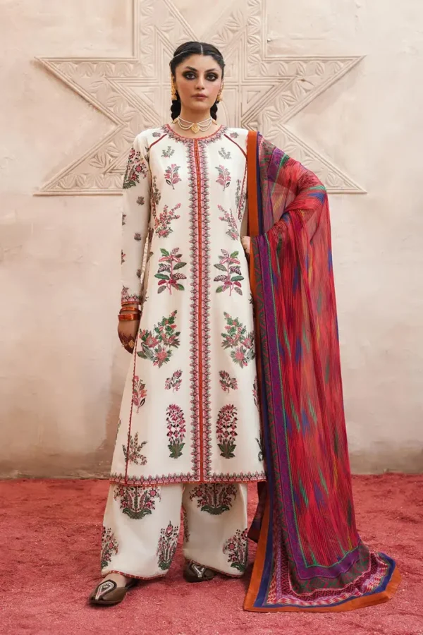 SR-575 Linen Stuff 3 piece Fully Embroidered With Digital Printed Silk Dupatta & Extra Patches