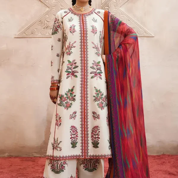 SR-575 Linen Stuff 3 piece Fully Embroidered With Digital Printed Silk Dupatta & Extra Patches