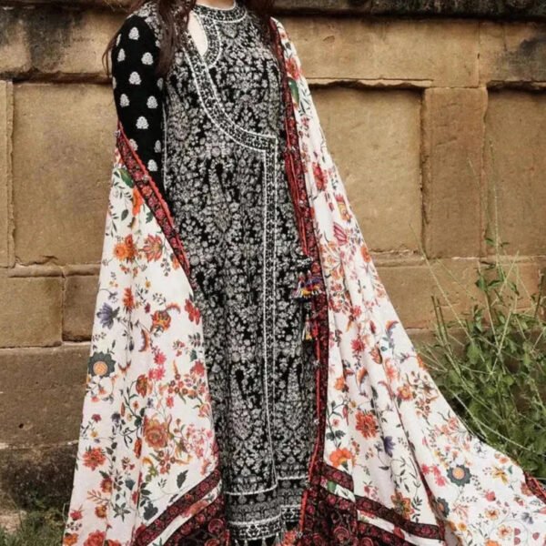 SR-720 Dhanak Embroidered Suit With Digital Printed Wool Shawl