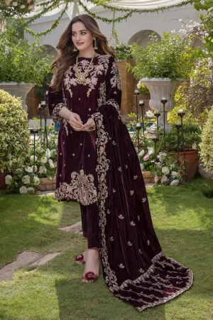 MB_1004 Sequence Embroidered 9000 Micro Velvet 3Pc With Velvet Embroidered Shawl