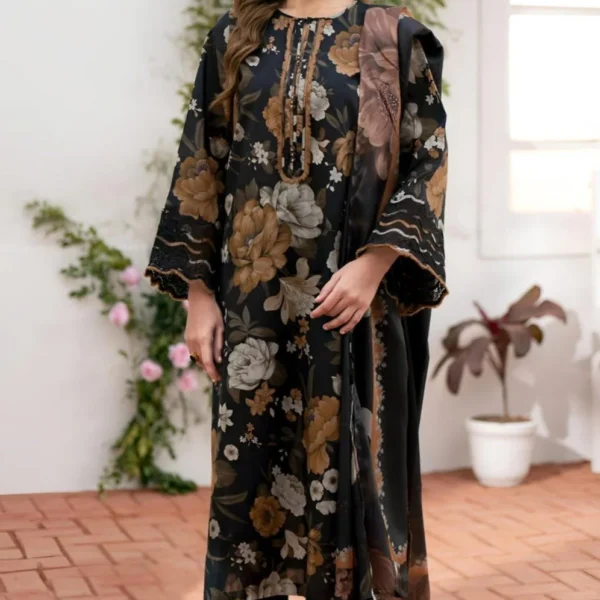 BK-02 Digital Printed Khaddar Suit 3pc with Khaddar Digital Printed Dupatta & Embroidered Patches