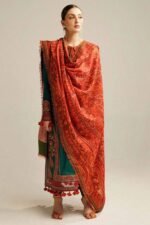 MB-525 Unstitched Dhanak Stuff Full Embroidered Suit With Printed Wool Shawl With Extra Patches