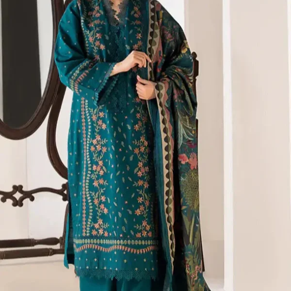 SN-61 Dhanak Embroidered Suit With Digital Printed Wool Shawl