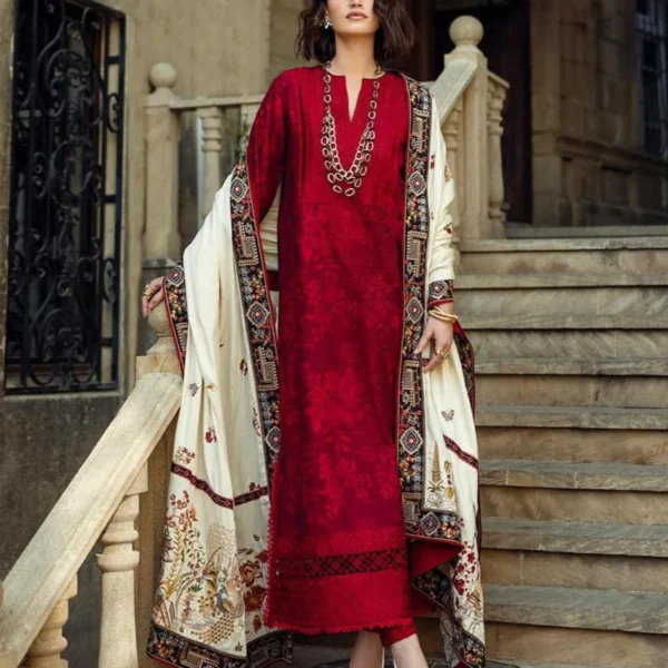 MQ-560 Unstitched Dhanak Stuff Full Embroidered Suit With Full Embroidered Shawl With Extra Patches