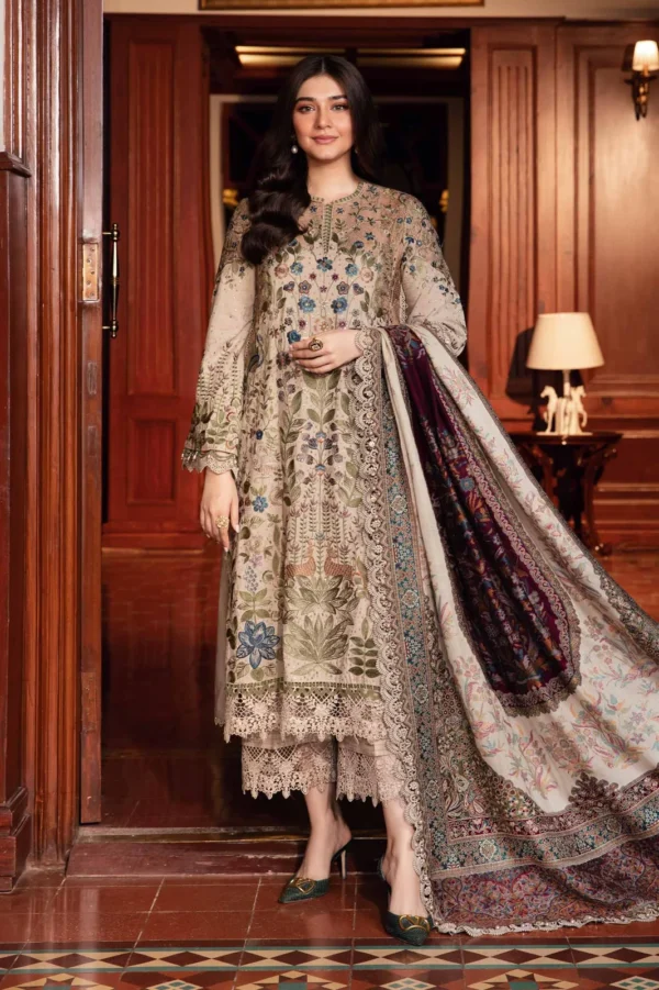 MB-550 Unstitched Dhanak Stuff Full Embroidered Suit With Printed Wool Shawl With Extra Patches