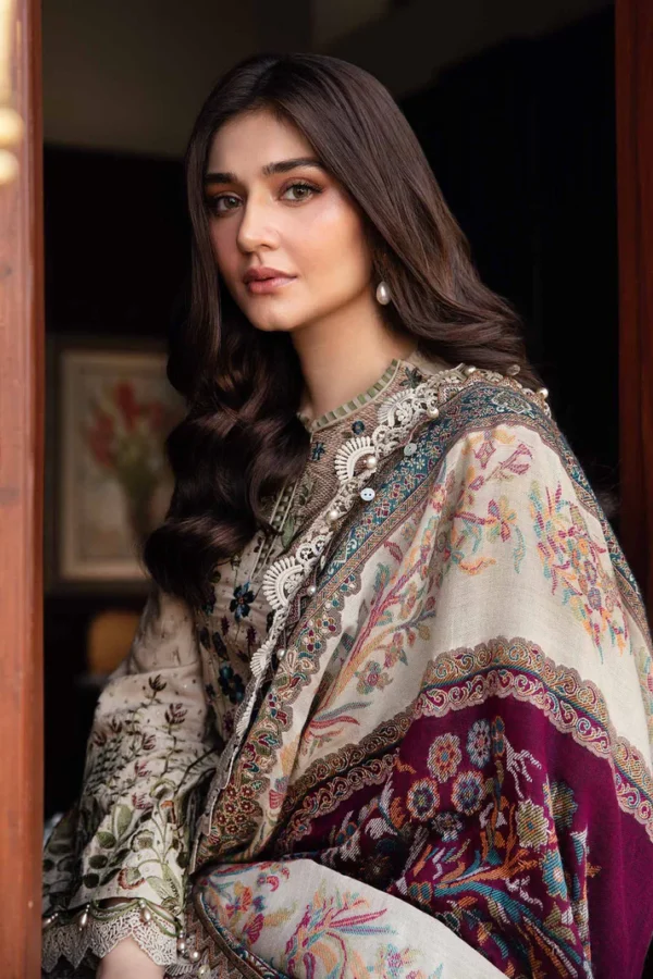 MB-550 Unstitched Dhanak Stuff Full Embroidered Suit With Printed Wool Shawl With Extra Patches