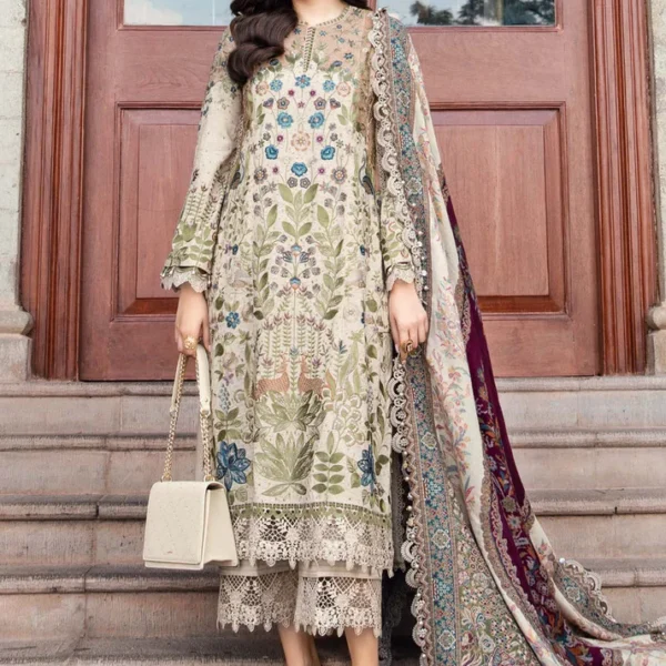 MB-550 Unstitched Dhanak Stuff Full Embroidered Suit With Printed Wool Shawl With Extra Patches