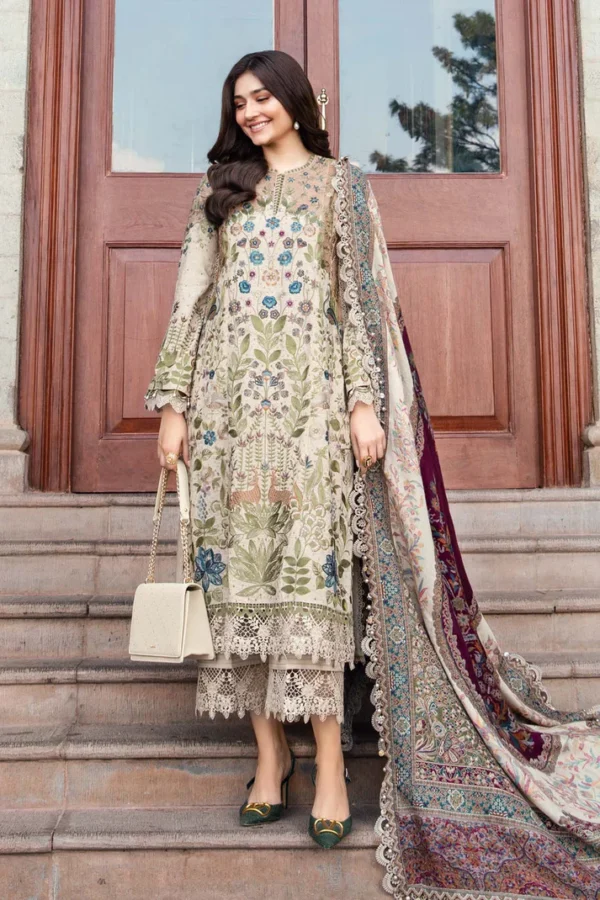 MB-550 Unstitched Dhanak Stuff Full Embroidered Suit With Printed Wool Shawl With Extra Patches