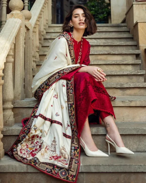 MQ-560 Unstitched Dhanak Stuff Full Embroidered Suit With Full Embroidered Shawl With Extra Patches