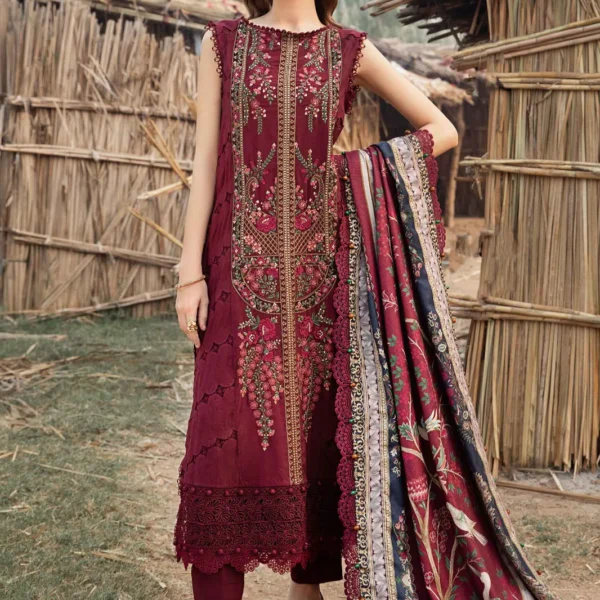 HR-515 Unstitched Dhanak Stuff Full Embroidered Suit With Printed Wool Shawl With Extra Patches