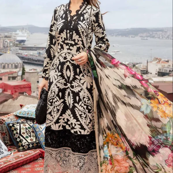 BQ-40 Digital Printed Khaddar Suit 3pc with Khaddar Digital Printed Dupatta & Embroidered Patches