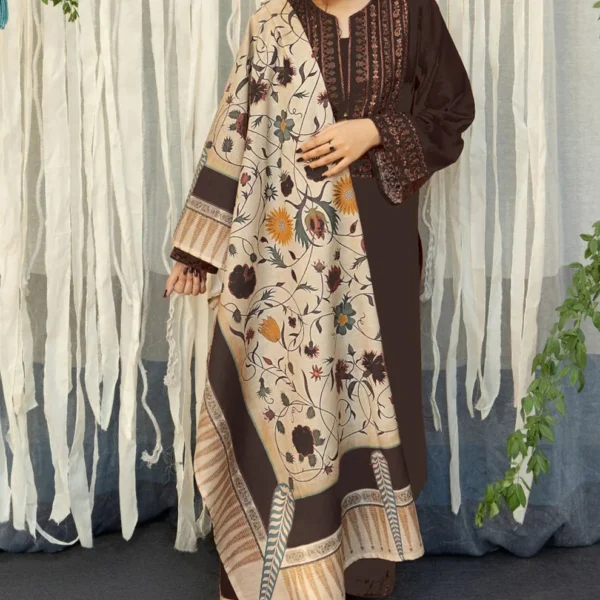 BR-845(B) Dhanak Embroidered Suit With Digital Printed Wool Shawl
