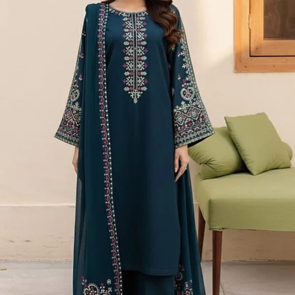 LM-585 Unstitched Embroidered Dhanak Suit 3pc With Embroidered Dhanak Shawl
