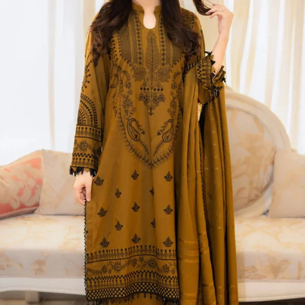 CR-100 Unstitched Embroidered Dhanak Suit 3pc With Embroidered Dhanak Shawl