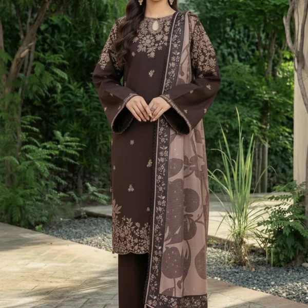 BQ140 Unstitched Heavy Embroidered Dhanak Suit ( Printed Woolen Shawl )