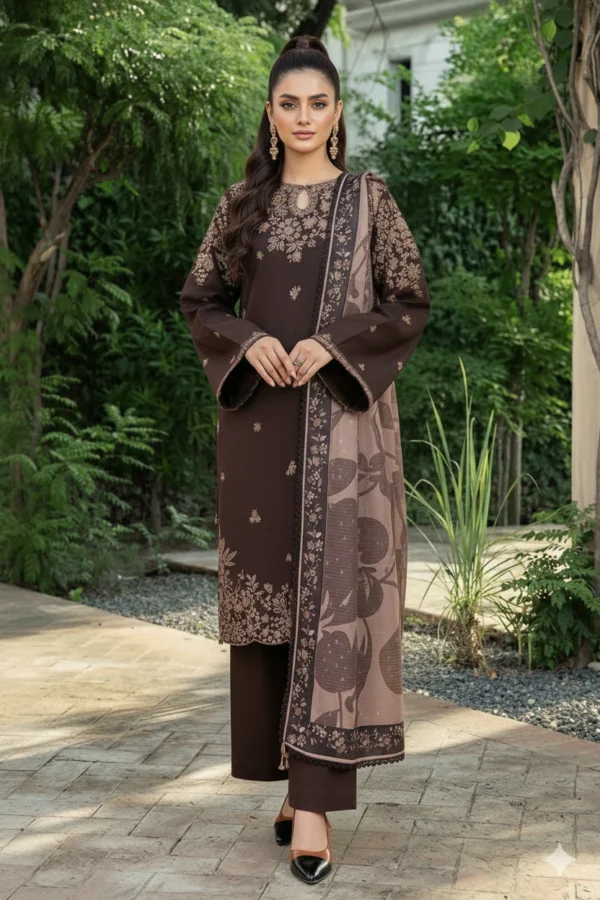 BQ140 Unstitched Heavy Embroidered Dhanak Suit ( Printed Woolen Shawl )