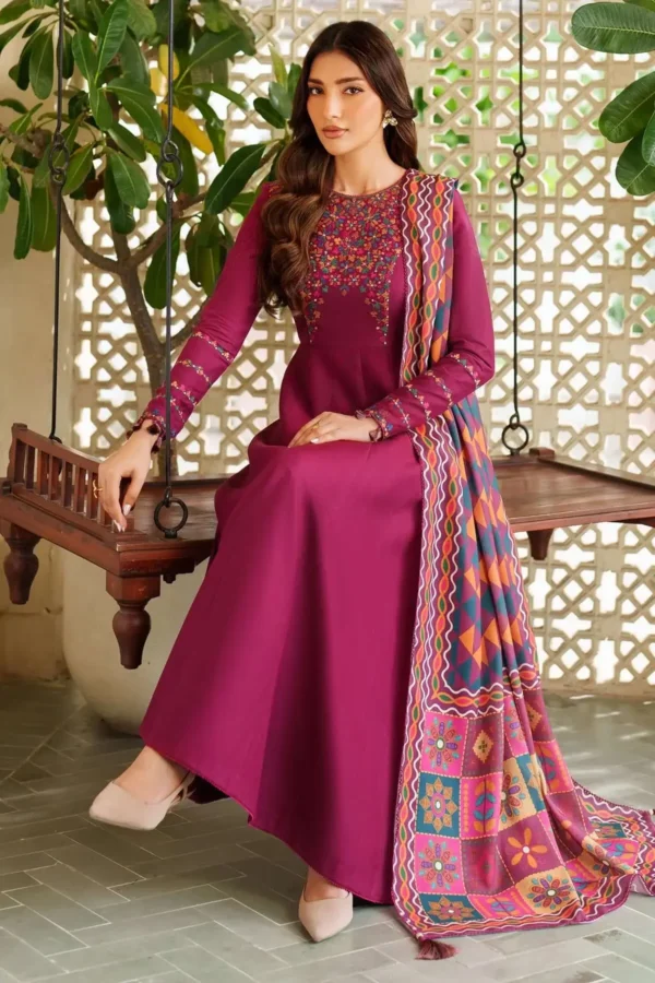 jz-175Unstitched Heavy Embroidered Dhanak Suit ( Printed Woolen Shawl )