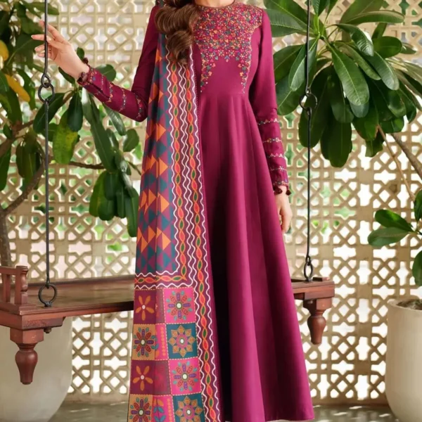 jz-175Unstitched Heavy Embroidered Dhanak Suit ( Printed Woolen Shawl )