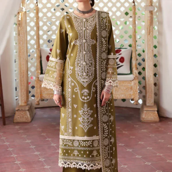 MR-590 Unstitched Heavy Embroidered  Lawn Suit With Embroidered  Chiffon Dupatta