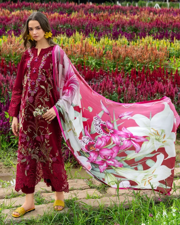 MR-2750 3 Piece -Lawn Unstitched Embroidered Shirt With Printed Chiffon Dupatta