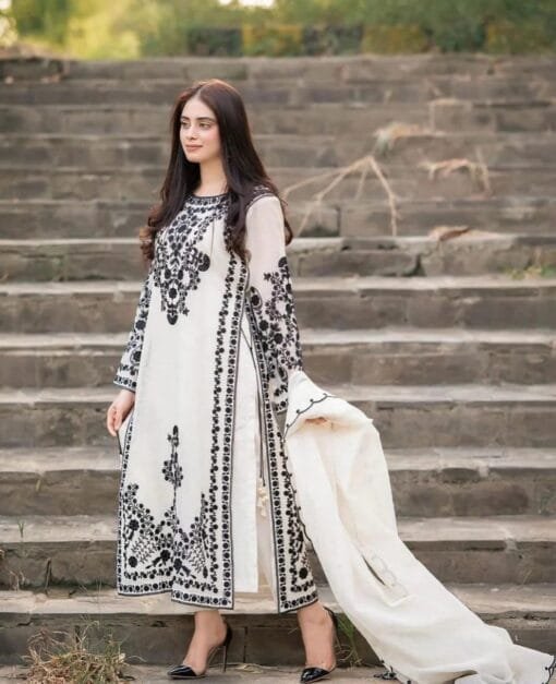 AA-21 Lawn Embroidered 3pc Suit With Bamber Chiffon Embroidered Dupatta