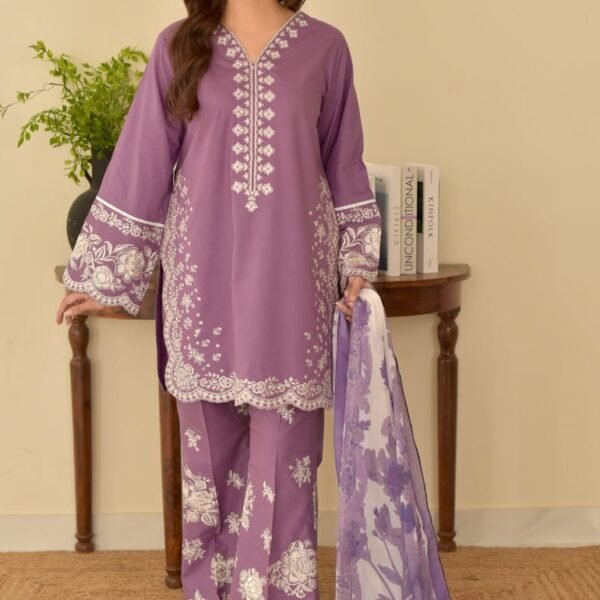 AA-44 Unstitched Embroidered Lawn Suit 3pc With Digital Printed Monar Slub Dupatta