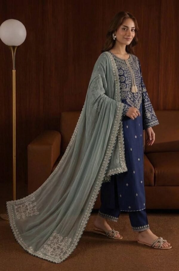 AA-51 3PC Unstitched Embroidered Lawn Suit With Embroidered Chiffon Dupatta