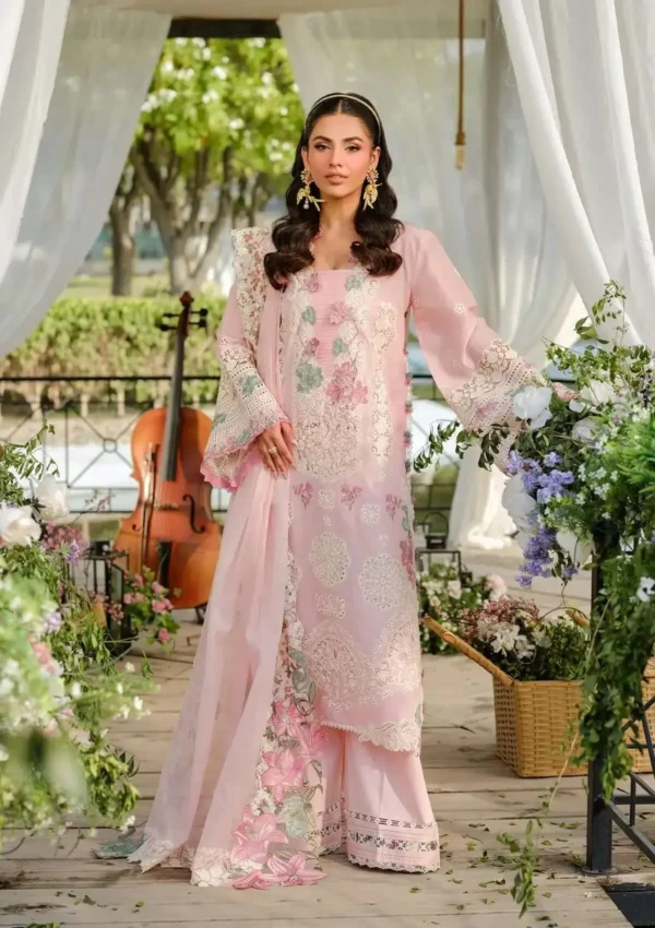 EL-2790 3Piece Unstitched Heavy Embroidered Chickan Kari Lawn Suit Four-sided Embroidered Cotton Net Dupatta