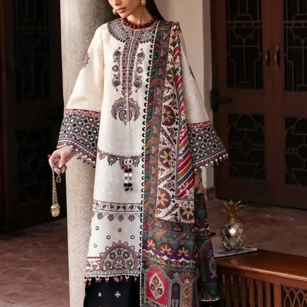 JZ-2800 Unstitched Heavy Embroidered Lawn Suit ( Fine Printed Poly Lawn Dupatta )